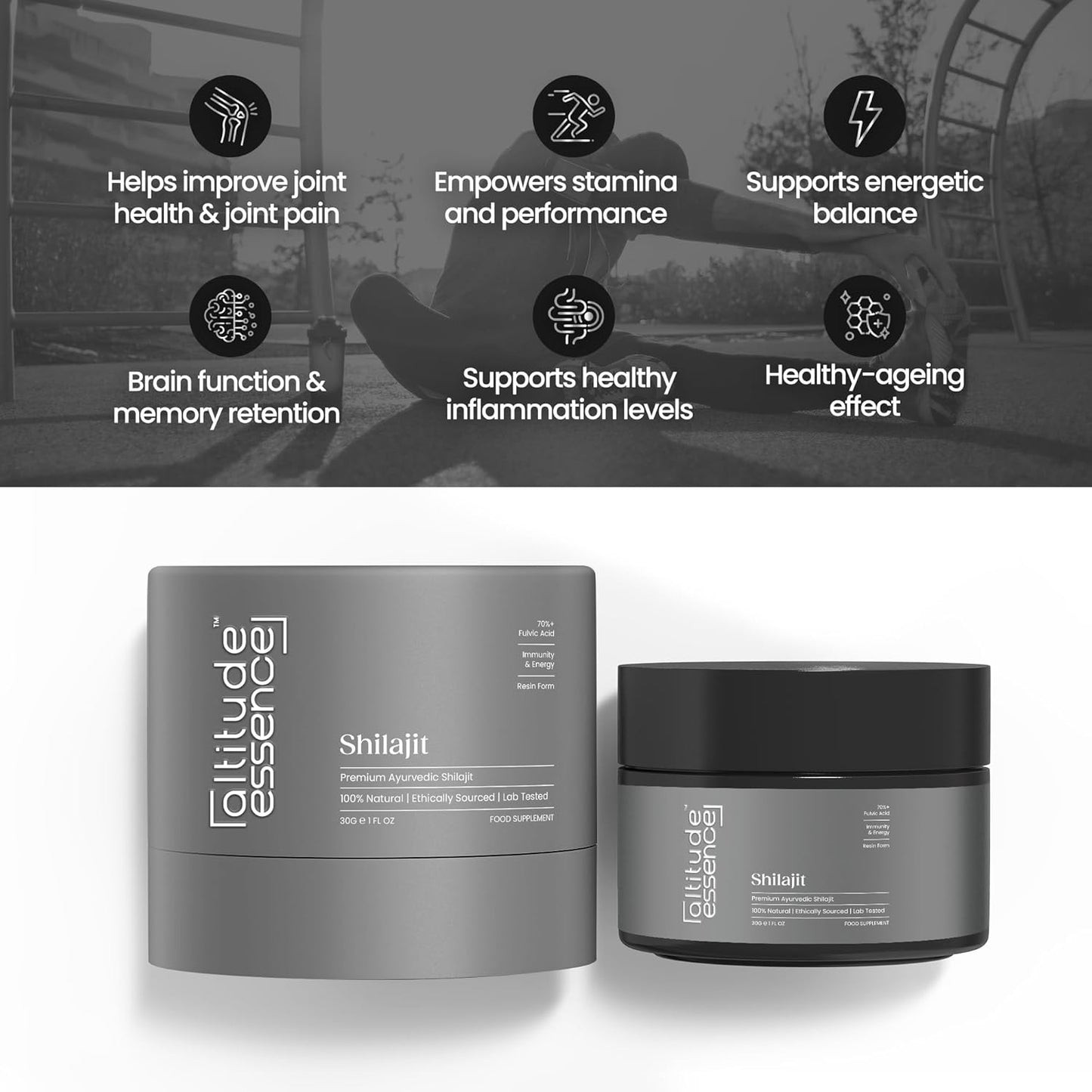 Organic Altitude Essence Shilajit Resin 30g - High Potency Gold Grade 85+ Trace Minerals & Fulvic Acid Energy Metabolism Immune Support for Men & Women