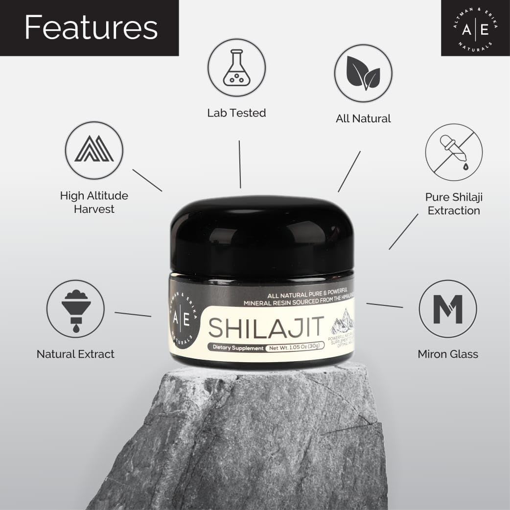 Organic Altman & Erika A&E Naturals Shilajit Resin - Himalayan Premium Grade A Supplement with 85+ Trace Minerals and Fulvic Acid - 83 Servings with Stainless Steel Spoon - for Men and Women