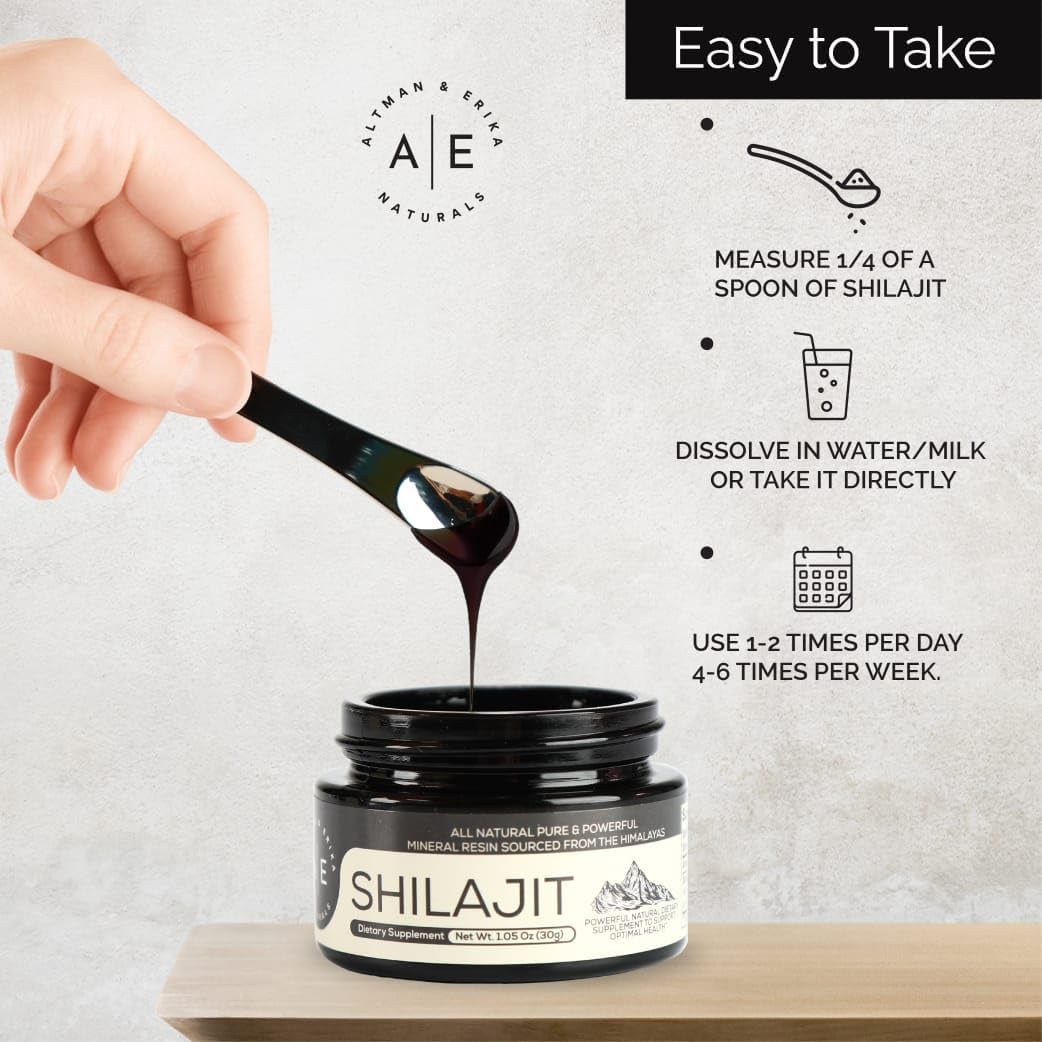 Organic Altman & Erika A&E Naturals Shilajit Resin - Himalayan Premium Grade A Supplement with 85+ Trace Minerals and Fulvic Acid - 83 Servings with Stainless Steel Spoon - for Men and Women