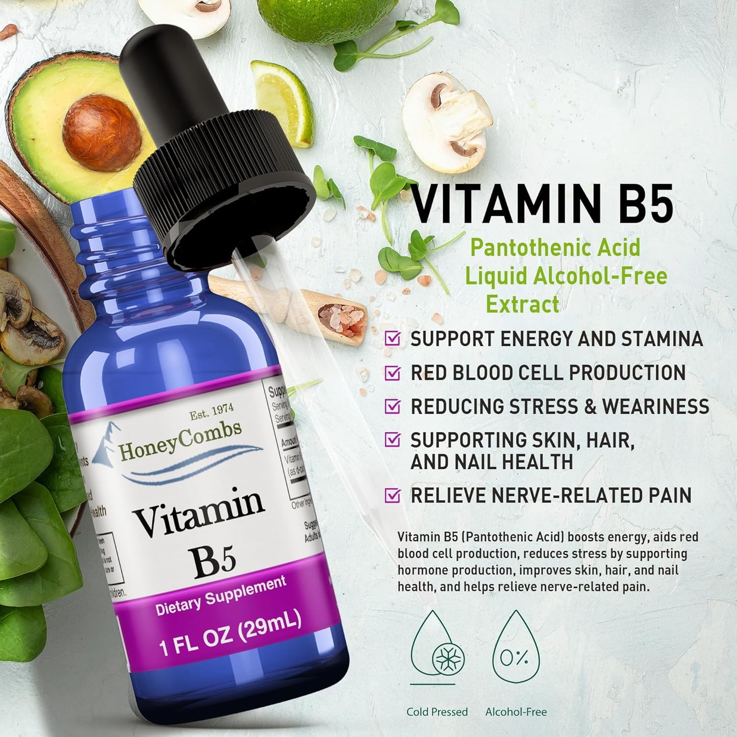 Organic Amish HoneyCombs Vitamin B5 Drops - Liquid Formula for Hormone Balance, Immune Health, Hair, Skin & Nails - Vegan & Alcohol-Free - 1 Fl Oz