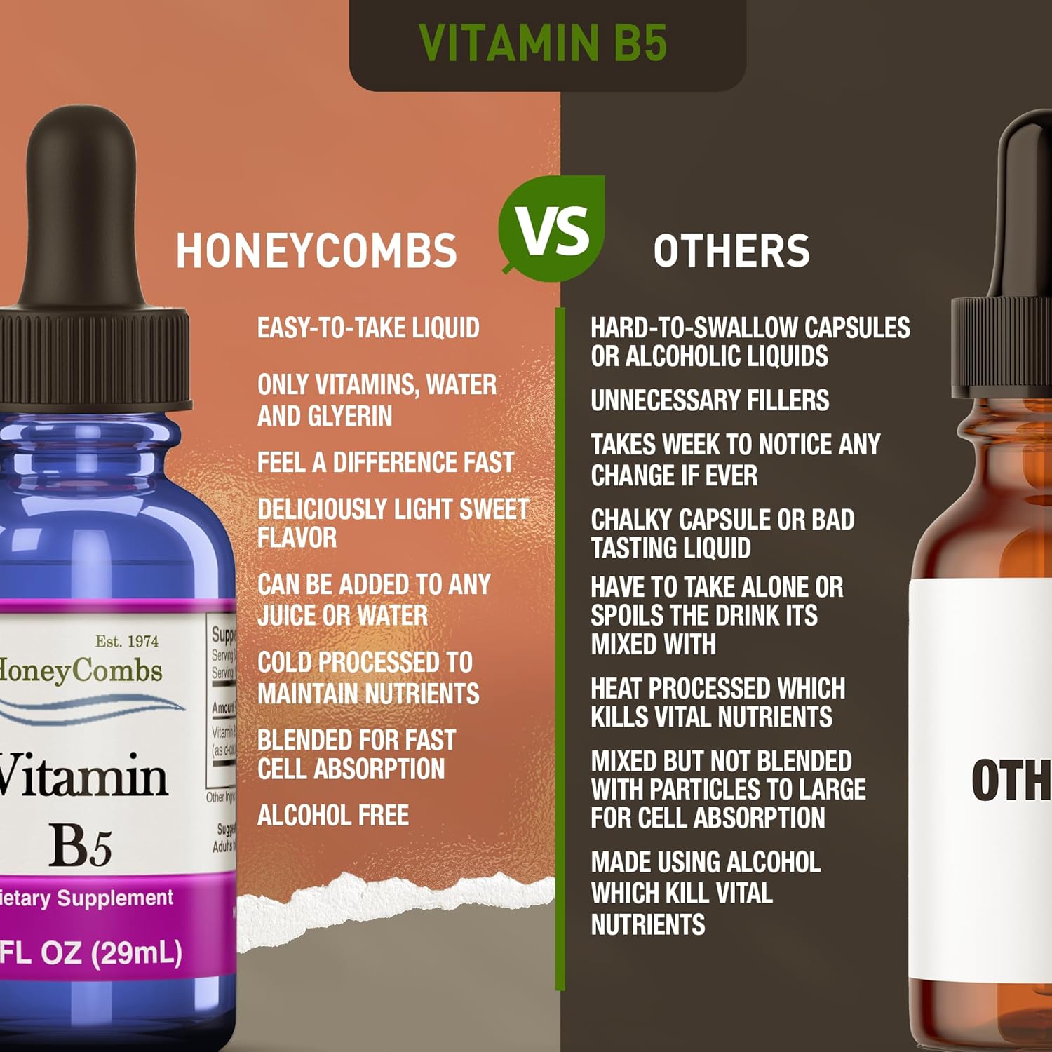 Organic Amish HoneyCombs Vitamin B5 Drops - Liquid Formula for Hormone Balance, Immune Health, Hair, Skin & Nails - Vegan & Alcohol-Free - 1 Fl Oz