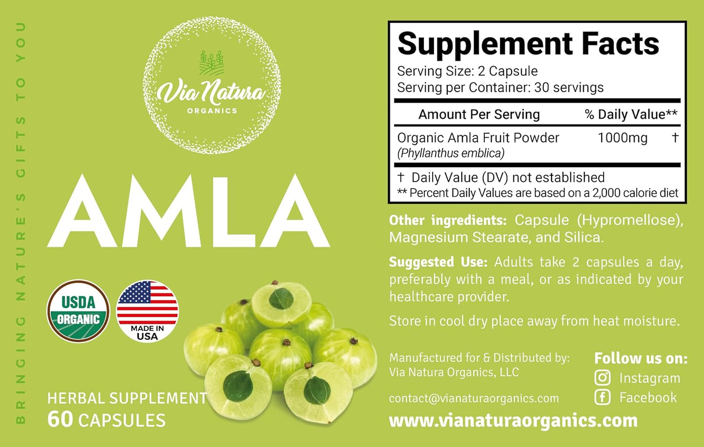 Organic Amla Capsules 1000mg - Natural Vitamin C Supplement - 60 Count