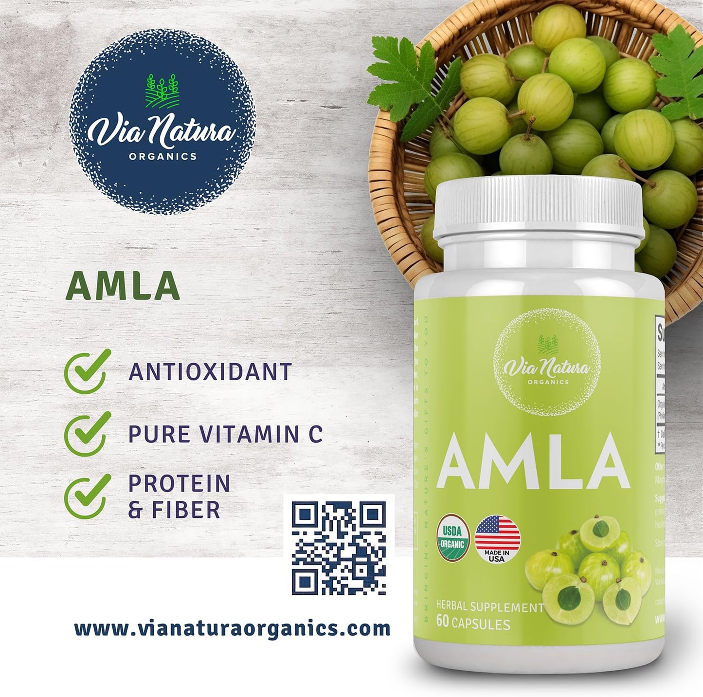 Organic Amla Capsules 1000mg - Natural Vitamin C Supplement - 60 Count
