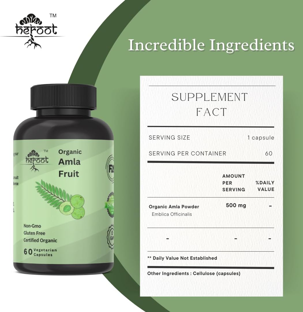 Organic Amla Capsules: Natural Vitamin C for Skin & Hair - 20 Capsules