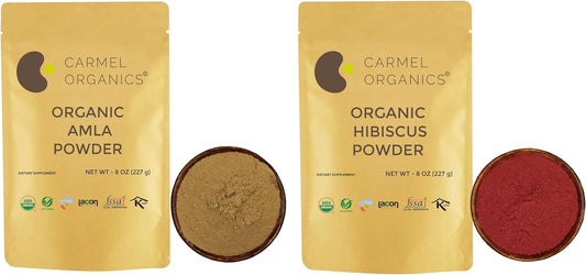 Organic Amla Fruit Powder & Hibiscus Petals Combo - 8 Ounce Each | Certified Non-GMO, Preservative-Free