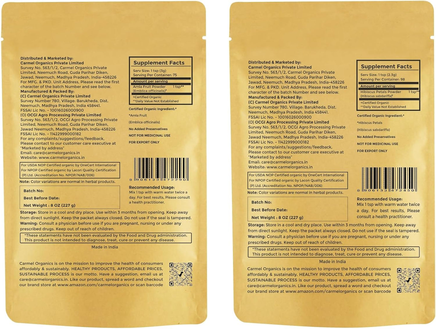 Organic Amla Fruit Powder & Hibiscus Petals Combo - 8 Ounce Each | Certified Non-GMO, Preservative-Free