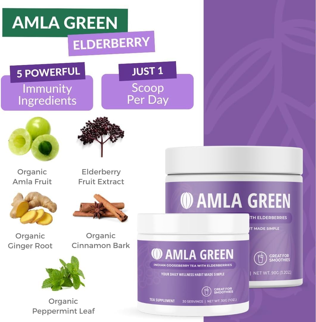 Organic Amla Green Tea Powder Supplement with Hibiscus & Elderberries, Antioxidant Support, Vegan, 90 Servings