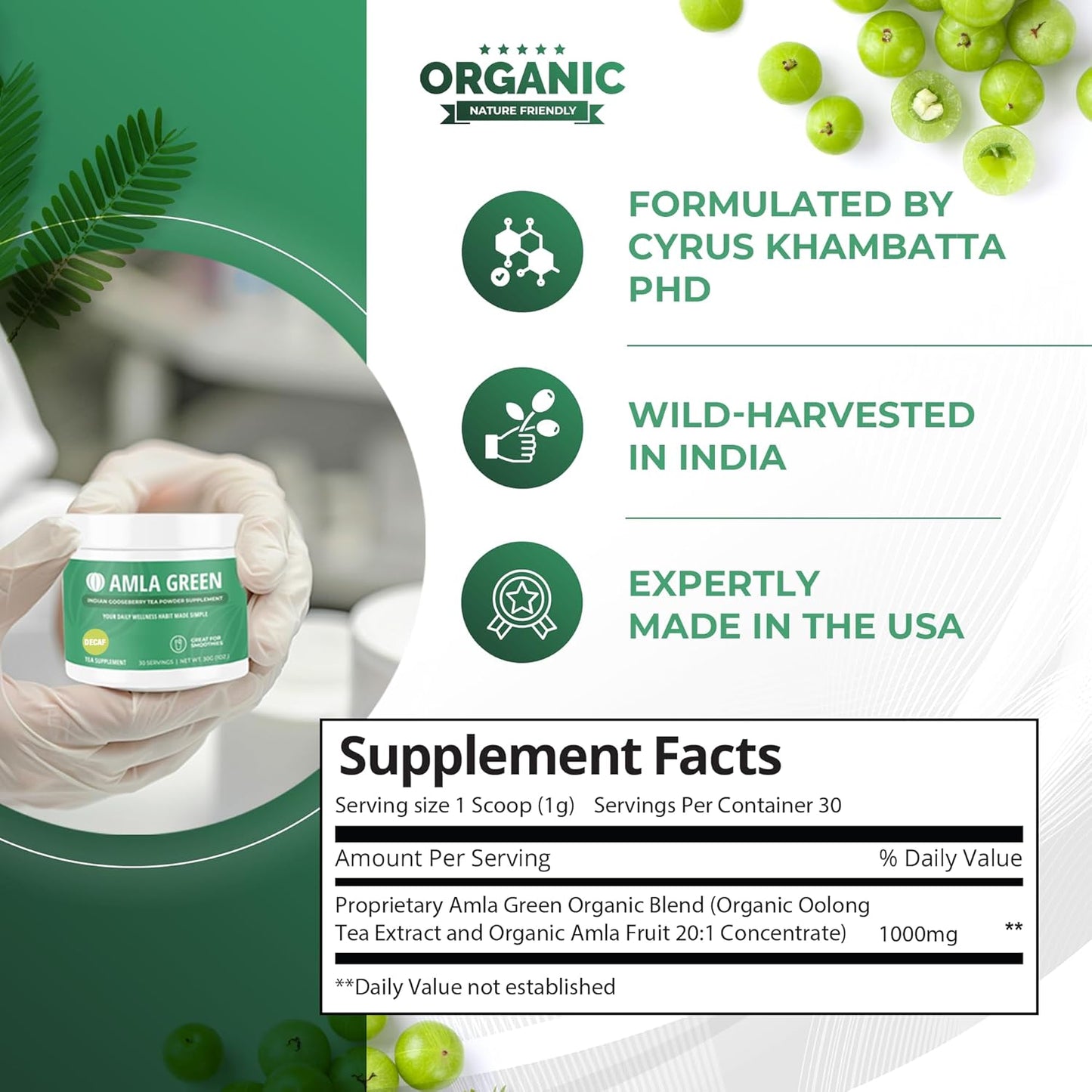 Organic Amla Green Tea Powder Supplement with Oolong Tea, Indian Gooseberries, Antioxidant Support, Vegan, Decaf, 30 Servings