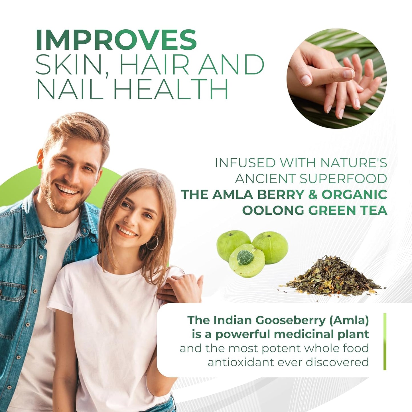 Organic Amla Green Tea Powder Supplement with Oolong Tea, Indian Gooseberries, Antioxidant Support, Vegan, Decaf, 30 Servings