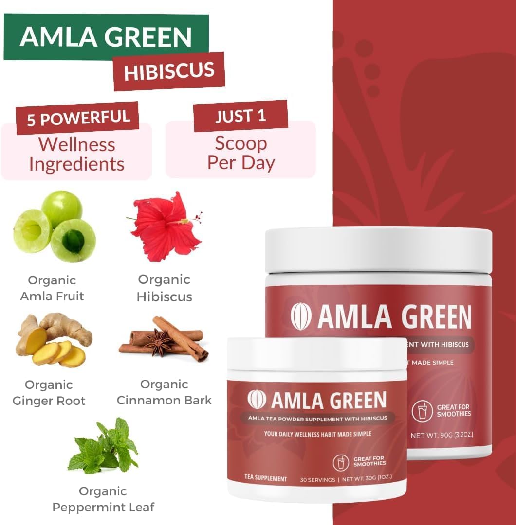Organic Amla Green Tea Superfood Supplement with Hibiscus & Pumpkin Spice, Antioxidant Support (90 Servings) - Vegan