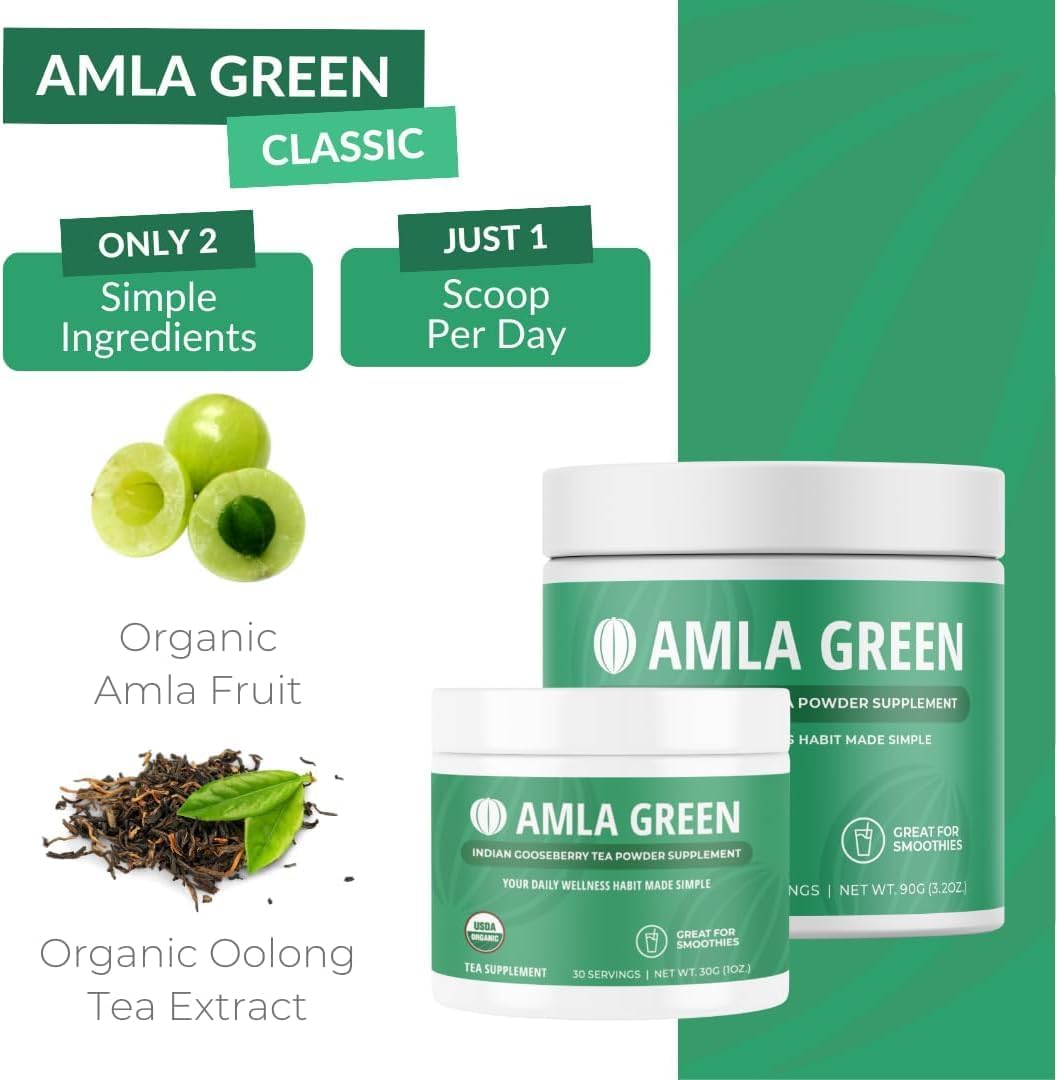 Organic Amla Green Tea Superfood Supplement with Hibiscus, Antioxidant Support (90 Servings) - Vegan, Made with Indian Gooseberries
