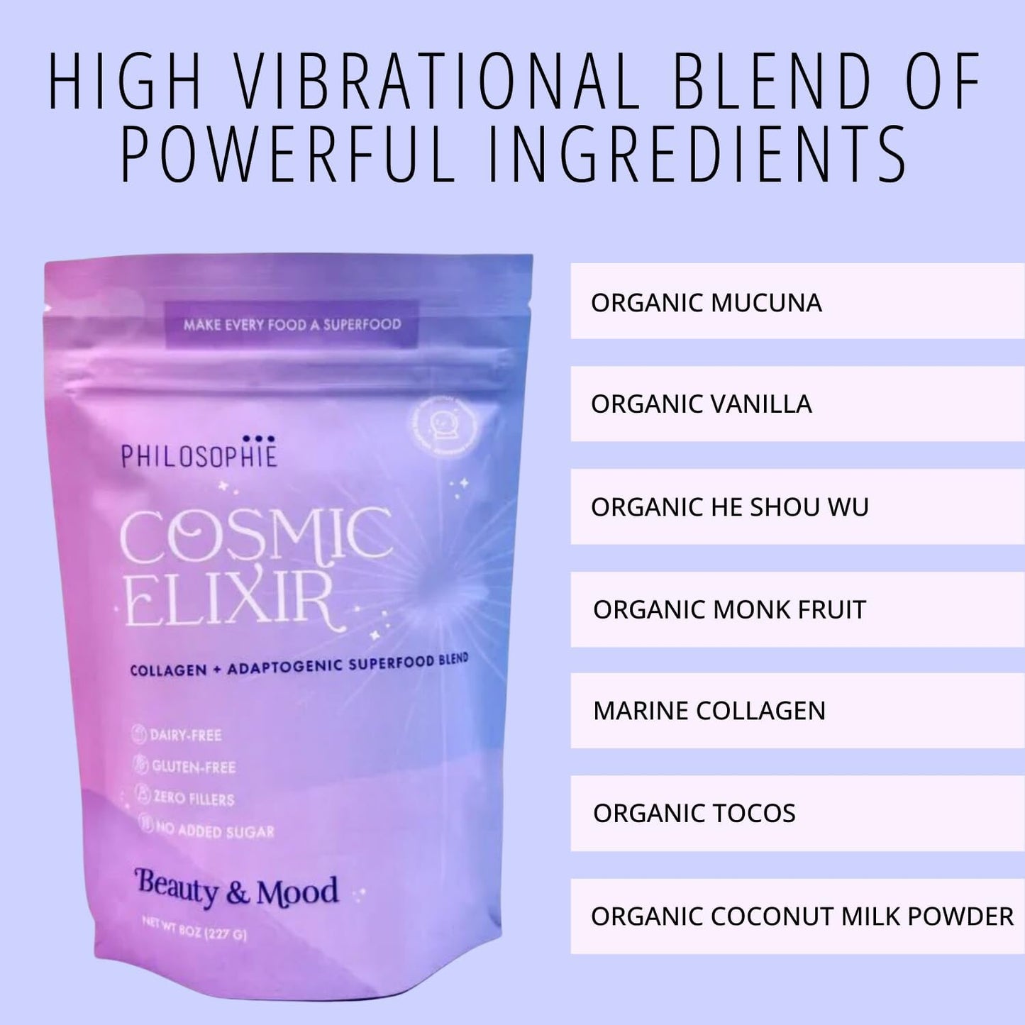 Organic and Unsweetened Philosophie Cosmic Elixir Superfood Blend with Collagen and Adaptogens - 32 Servings for Gut, Emotional, Joint, Skin, and Hormone Health
