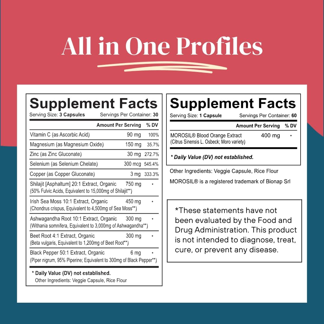 Organic Antioxidant Bundle with Shilajit, Morosil, Fulvic Acid, Sea Moss, Ashwagandha, Copper, Beet Root - Non-GMO, Gluten-Free, Vegan