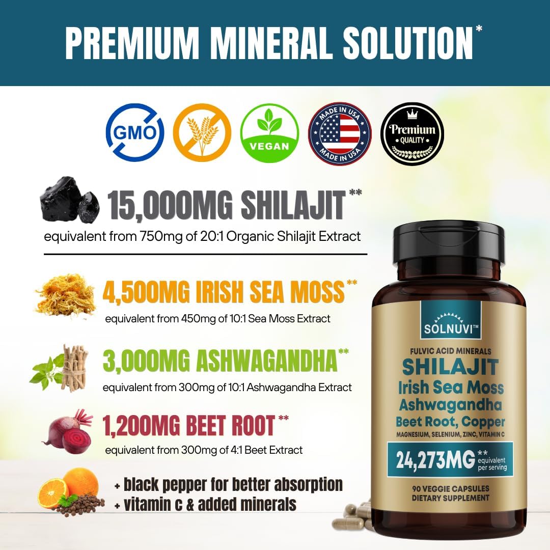 Organic Antioxidant Bundle with Shilajit, Morosil, Fulvic Acid, Sea Moss, Ashwagandha, Copper, Beet Root - Non-GMO, Gluten-Free, Vegan