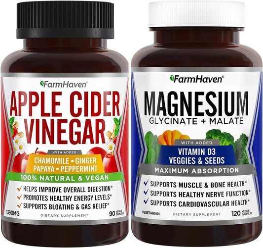 Organic Apple Cider Vinegar Capsules with Ginger, Papaya, & Chamomile - 90 Capsules + Magnesium Glycinate & Malate Complex with Vitamin D3 - 120 Capsules