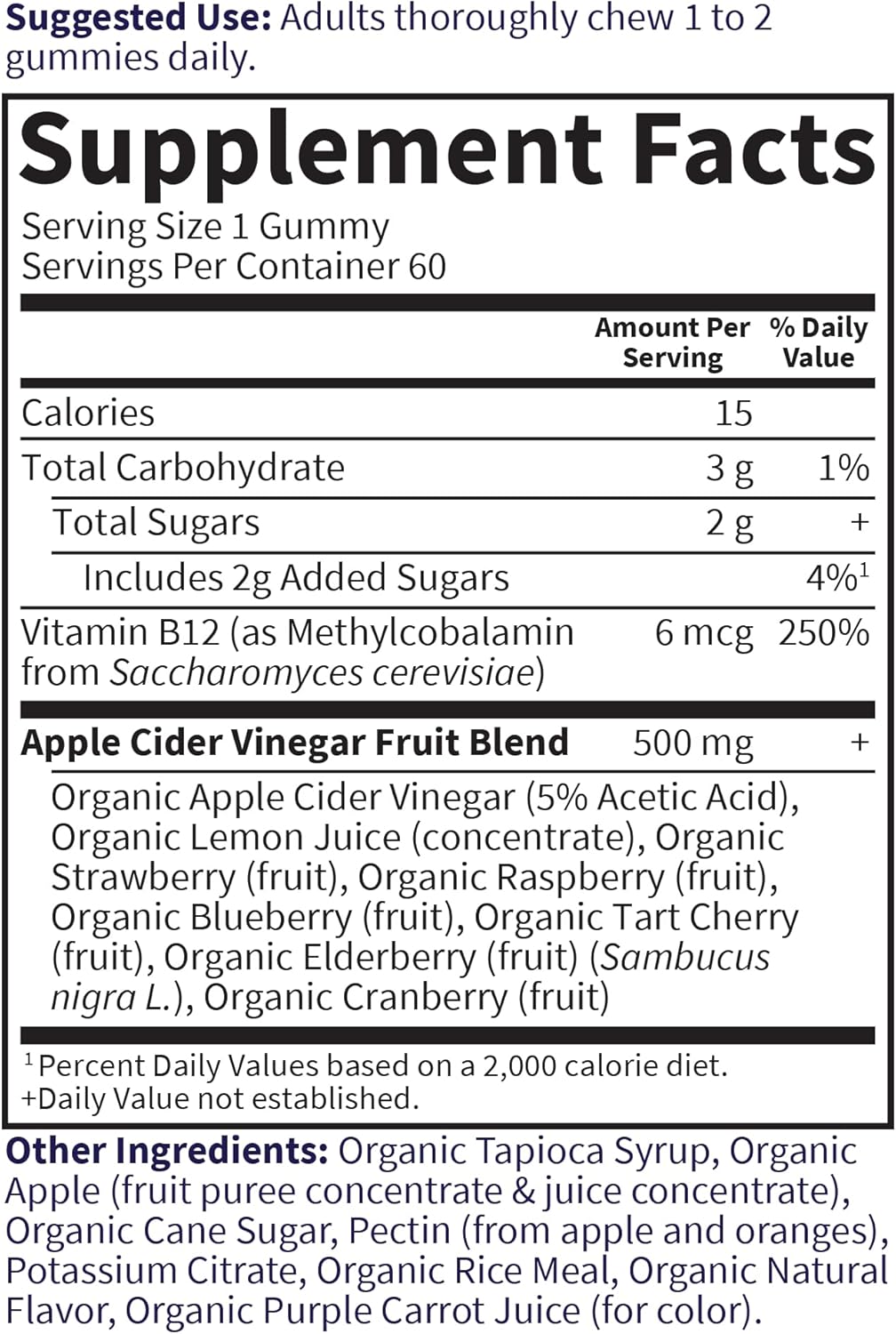 Organic Apple Cider Vinegar Gummies with Real Fruit Blend, Vitamin B12 - Vegan, Gluten Free, Non-GMO - 60 Gummies