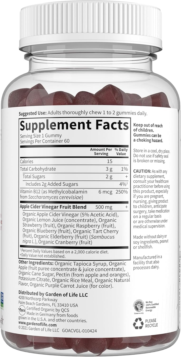 Organic Apple Cider Vinegar Gummies with Real Fruit Blend, Vitamin B12 - Vegan, Gluten Free, Non-GMO - 60 Gummies