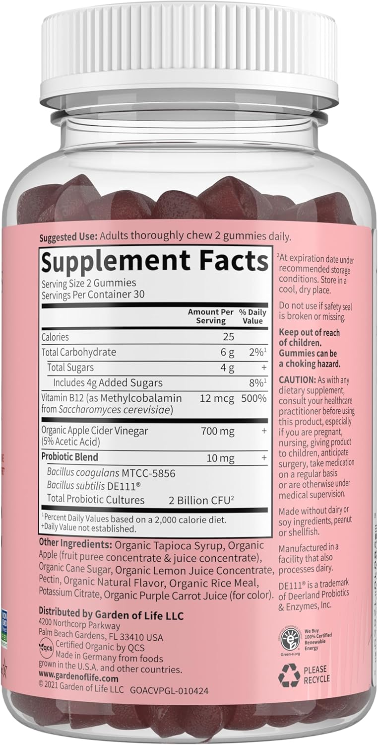 Organic Apple Cider Vinegar Probiotic Gummies with Vitamin B12 - Digestion & Immunity Support - Vegan & Non-GMO - 60 Gummies