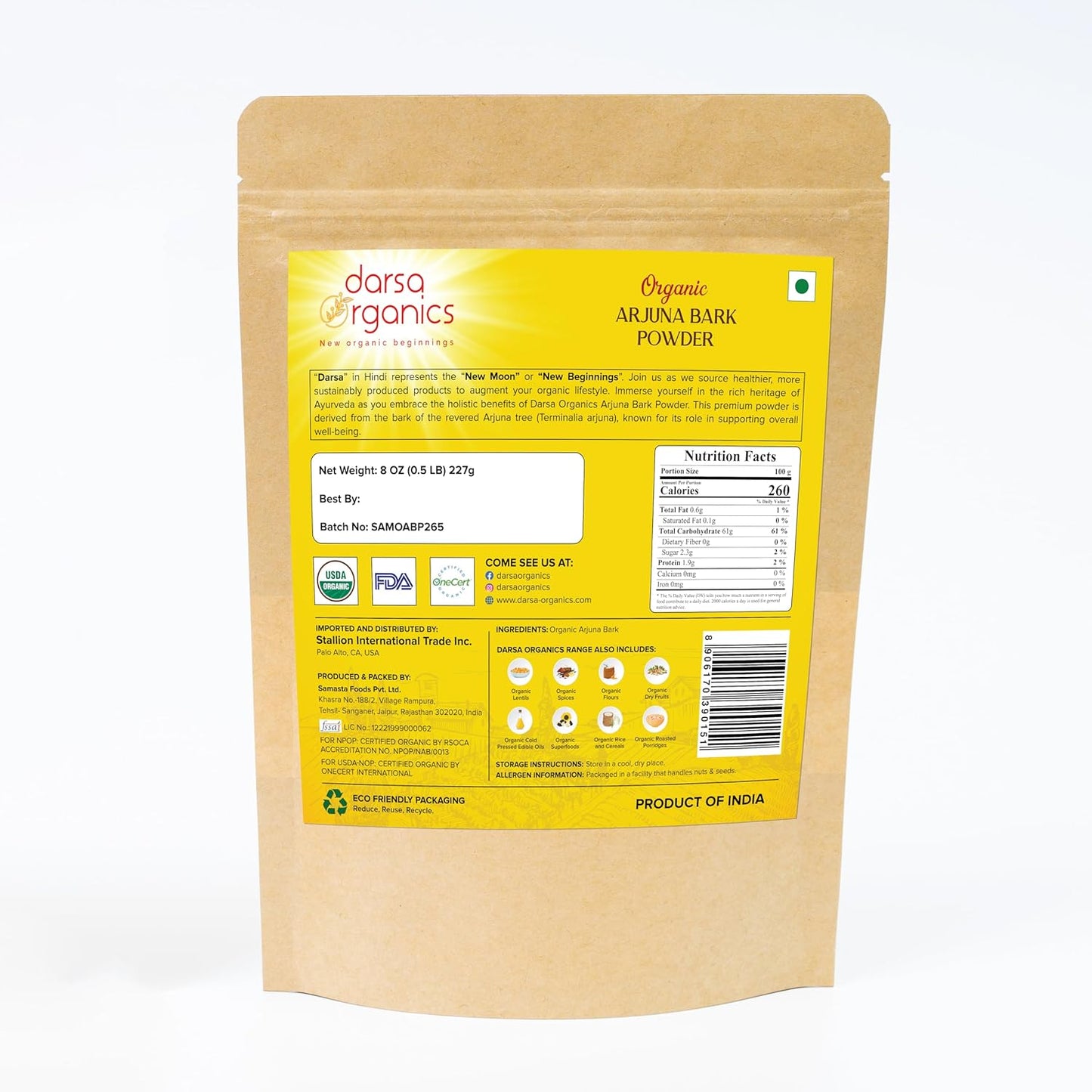 Organic Arjuna Bark Powder 8 oz - Ground Arjun Ki Chaal for Ayurvedic Tea & Recipes, Raw Vegan Non-GMO Gluten-Free USDA Organic Kosher Certified