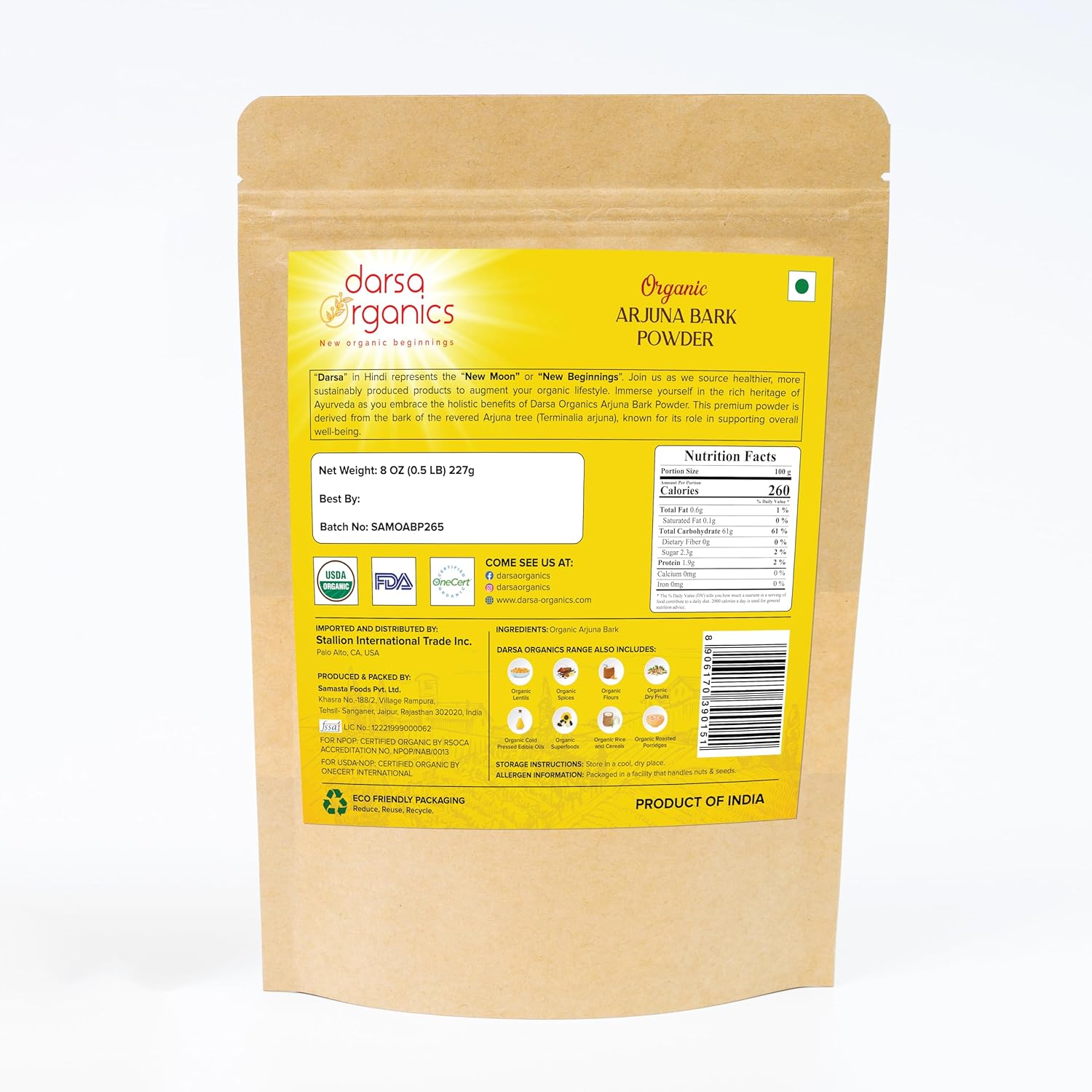 Organic Arjuna Bark Powder 8 oz - Ground Arjun Ki Chaal for Ayurvedic Tea & Recipes, Raw Vegan Non-GMO Gluten-Free USDA Organic Kosher Certified