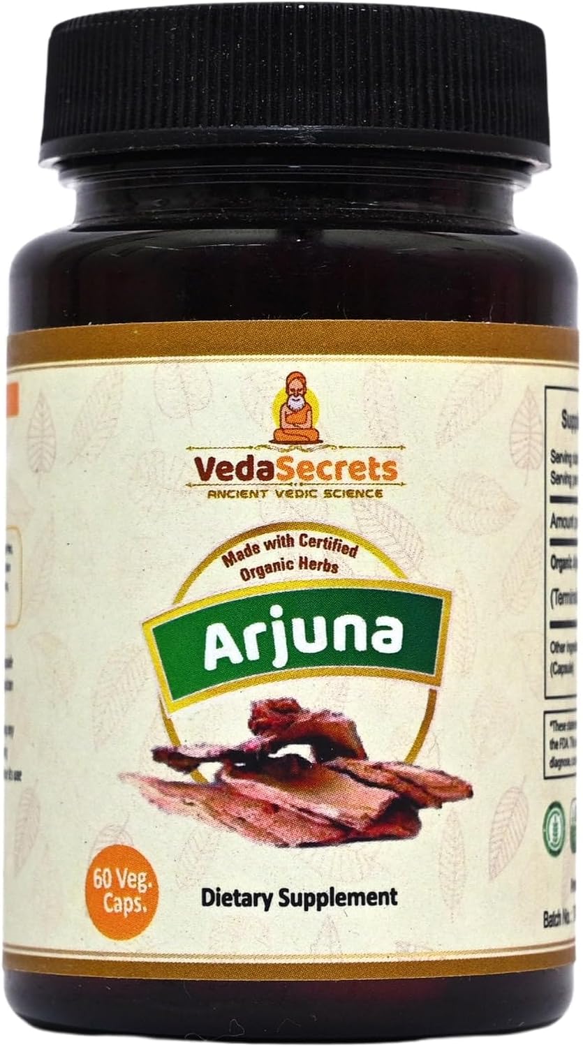 Organic Arjuna Capsules - 60 Count | Pure Terminalia Arjuna Supplement for Ayurvedic Nutrition | VedaSecrets Herbal Formula