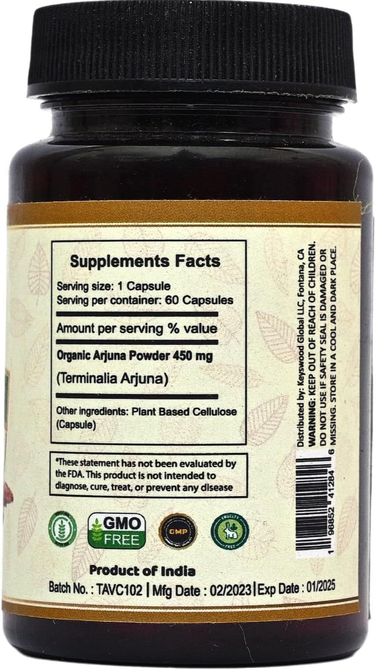 Organic Arjuna Capsules - 60 Count | Pure Terminalia Arjuna Supplement for Ayurvedic Nutrition | VedaSecrets Herbal Formula