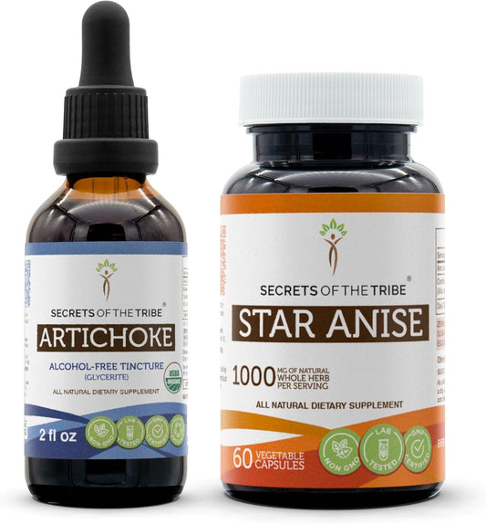 Organic Artichoke and Star Anise Capsules - USDA Certified, Alcohol-Free (2 oz Leaf, 1000 mg Seed, 60 Caps) by Secrets of the Tribe