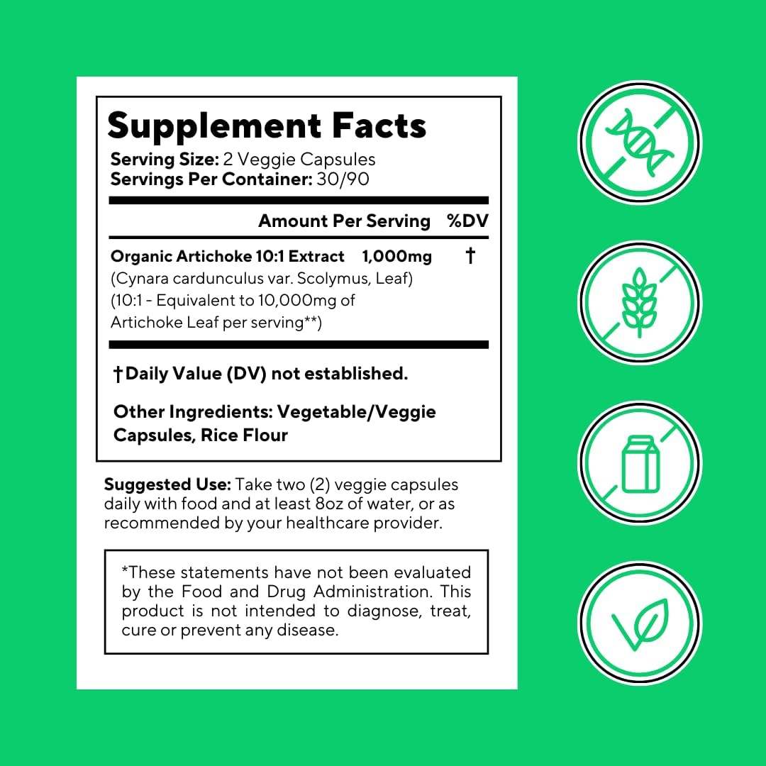 Organic Artichoke Leaf Extract Capsules - Digestive & Liver Health, Antioxidant Support - 180 Veggie Caps - Non-GMO Vegan Formula