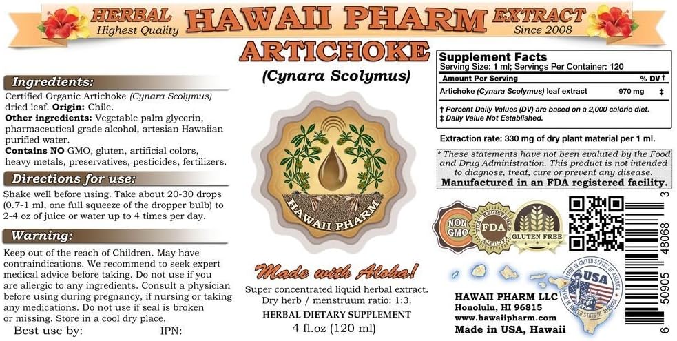 Organic Artichoke Liquid Extract Tincture 2 oz by HawaiiPharm - Cynara scolymus Supplement for Digestive Health