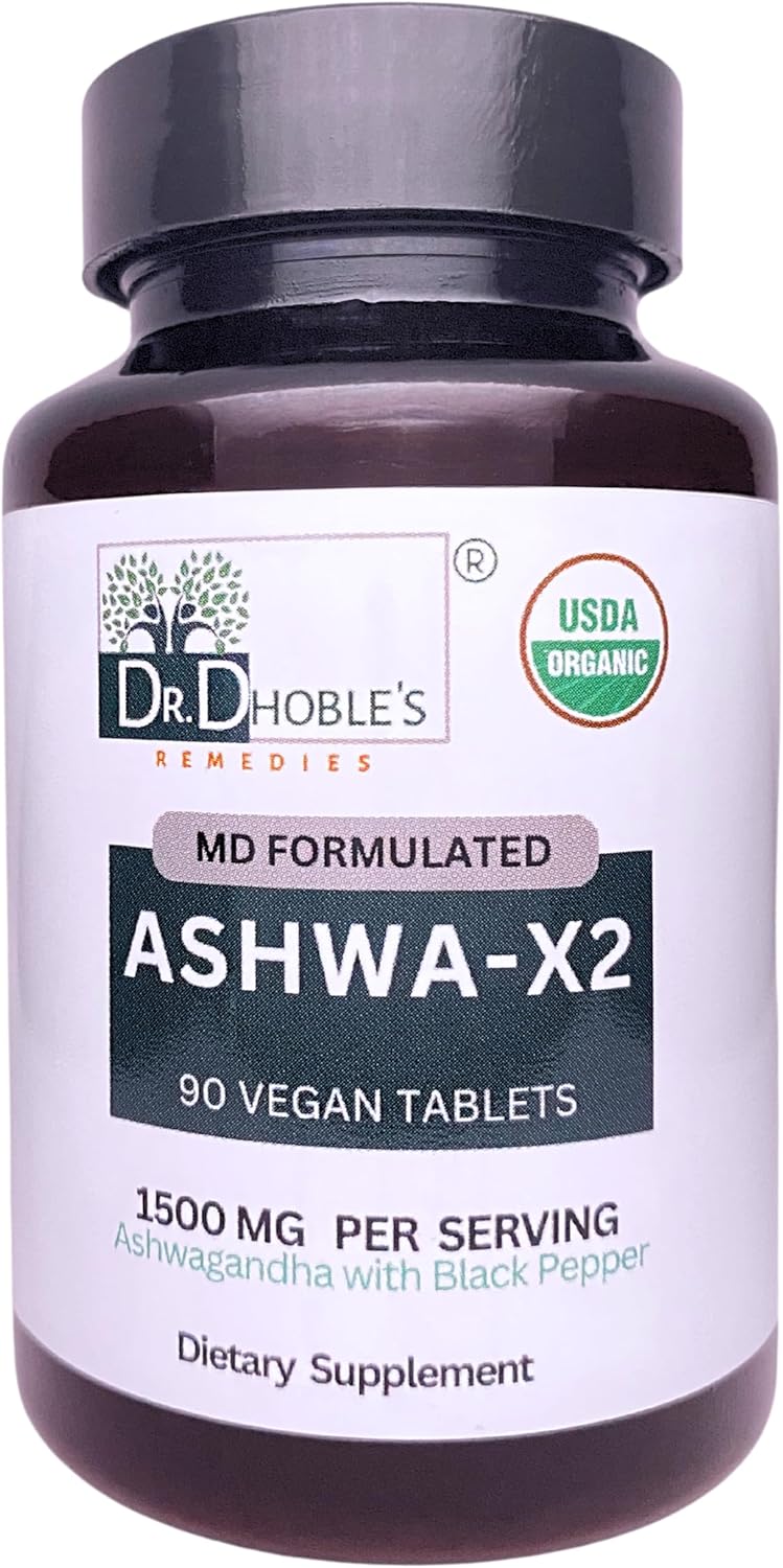 Organic Ashwa X2 Vegan Tablets by Dr. Dhoble - 1500mg with Natural Ingredients & Black Pepper for Bioavailability, USDA Certified