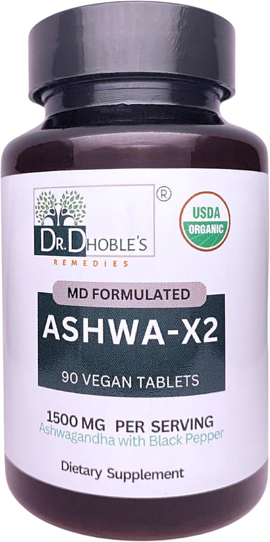 Organic Ashwa X2 Vegan Tablets by Dr. Dhoble - 1500mg with Natural Ingredients & Black Pepper for Bioavailability, USDA Certified