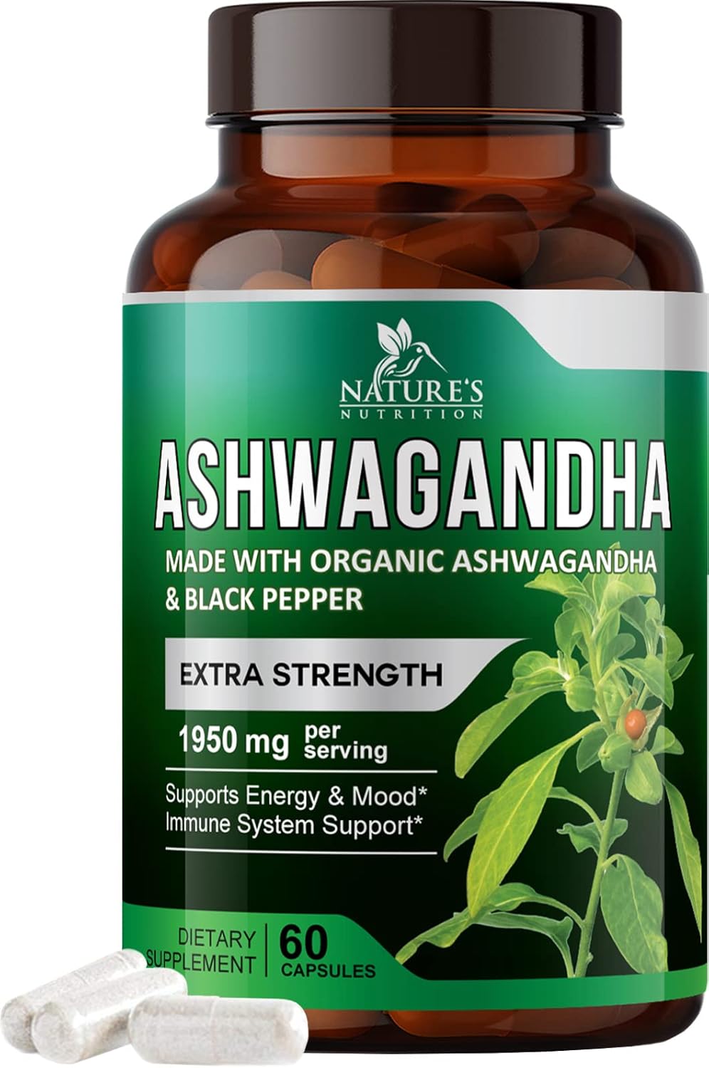 Organic Ashwagandha 1,950mg - Extra Strength Relax & Calm Support - Natural Energy & Focus Supplement - Non-GMO Vegan - 60 Capsules