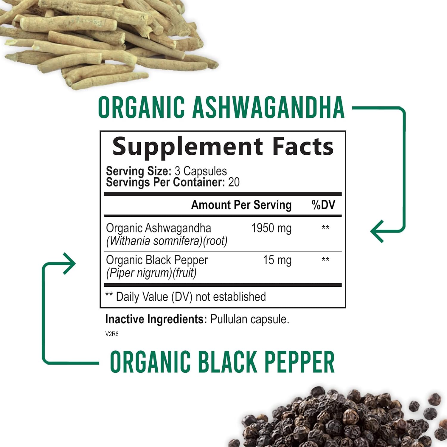 Organic Ashwagandha 1,950mg - Extra Strength Relax & Calm Support - Natural Energy & Focus Supplement - Non-GMO Vegan - 60 Capsules