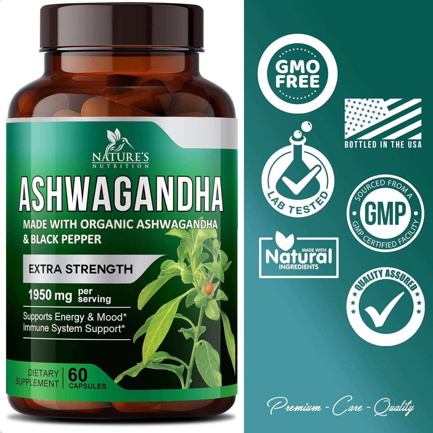Organic Ashwagandha 1,950mg - Extra Strength Relax & Calm Support - Natural Energy & Focus Supplement - Non-GMO Vegan - 60 Capsules