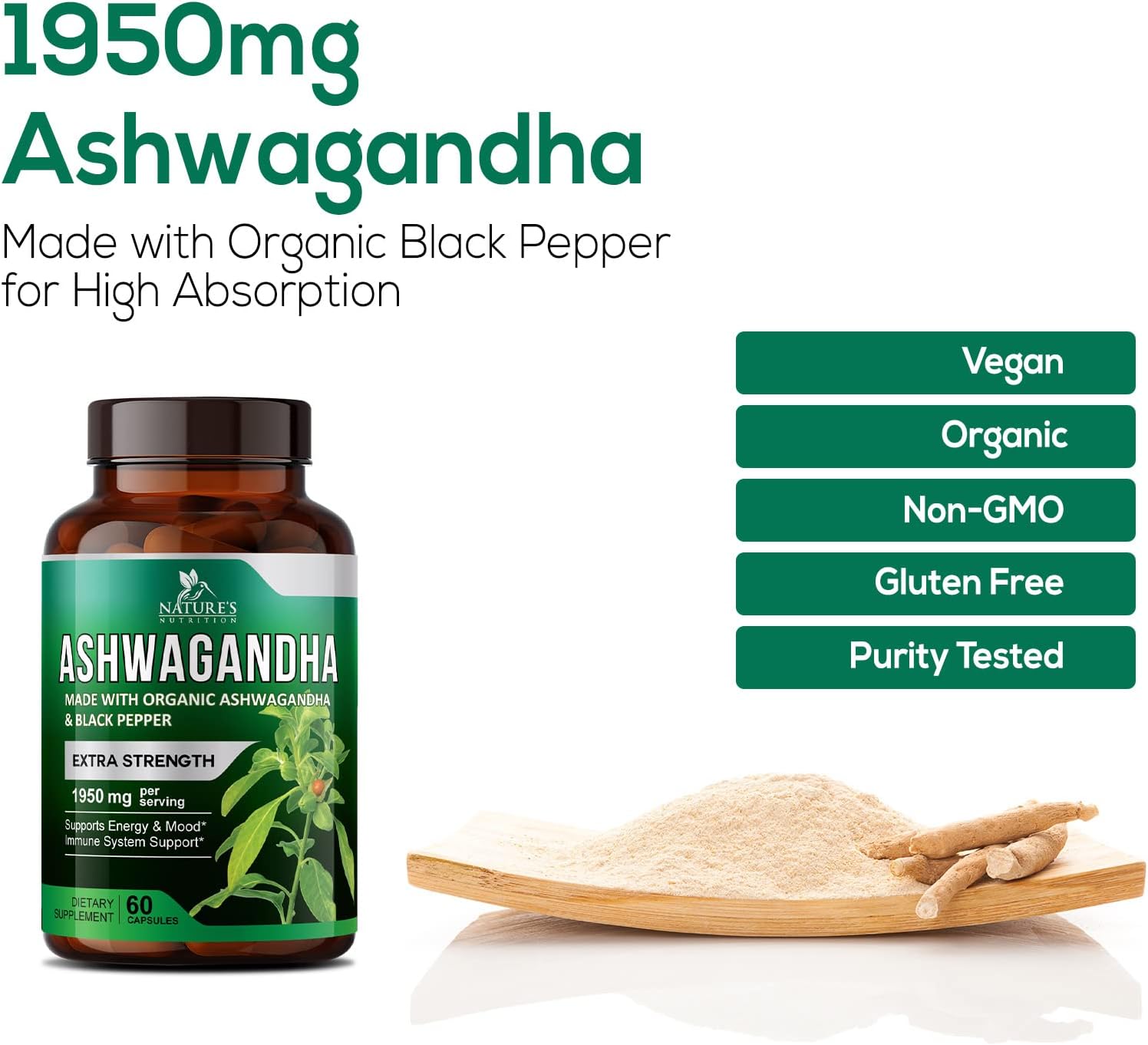 Organic Ashwagandha 1,950mg - Extra Strength Relax & Calm Support - Natural Energy & Focus Supplement - Non-GMO Vegan - 60 Capsules