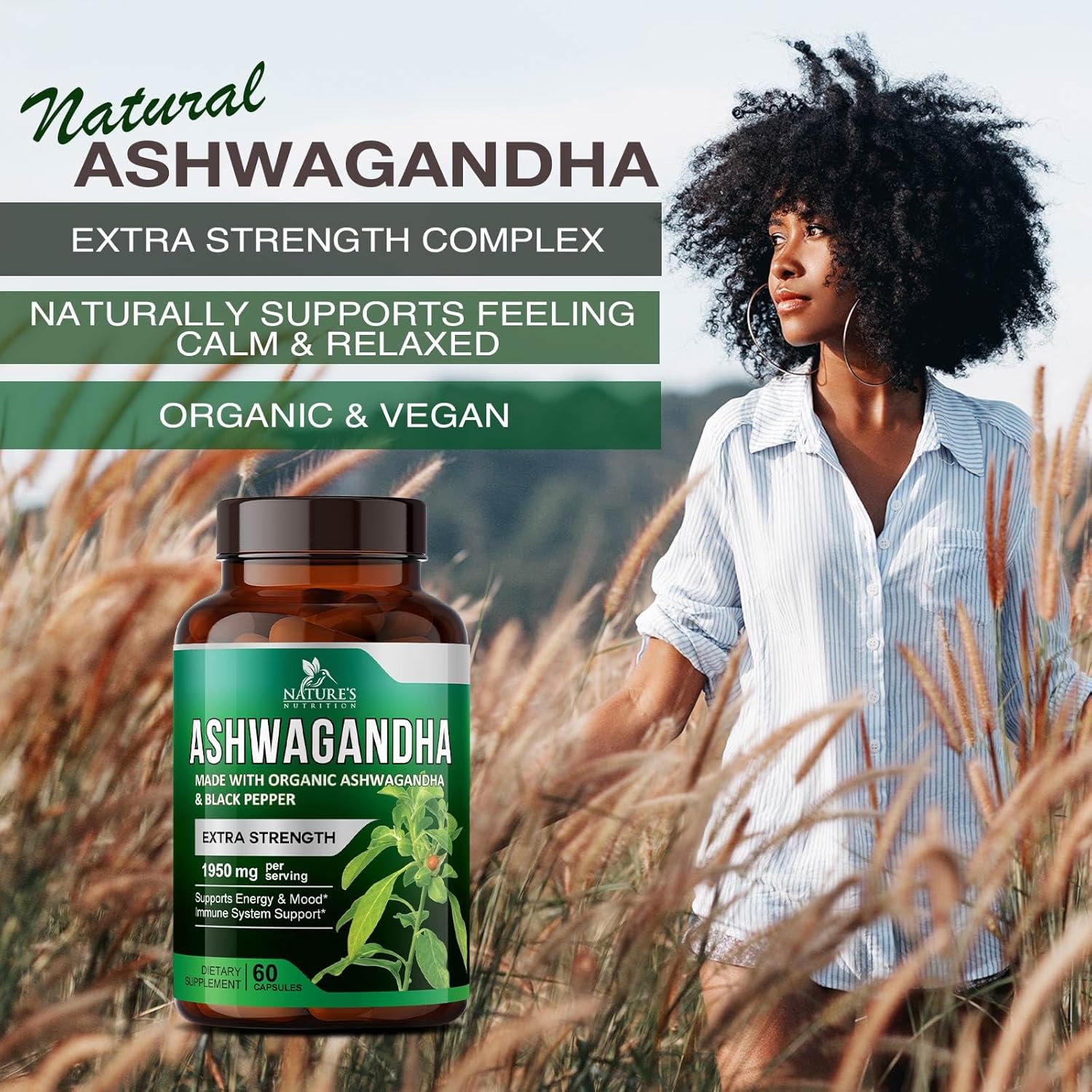 Organic Ashwagandha 1,950mg - Extra Strength Relax & Calm Support - Natural Energy & Focus Supplement - Non-GMO Vegan - 60 Capsules
