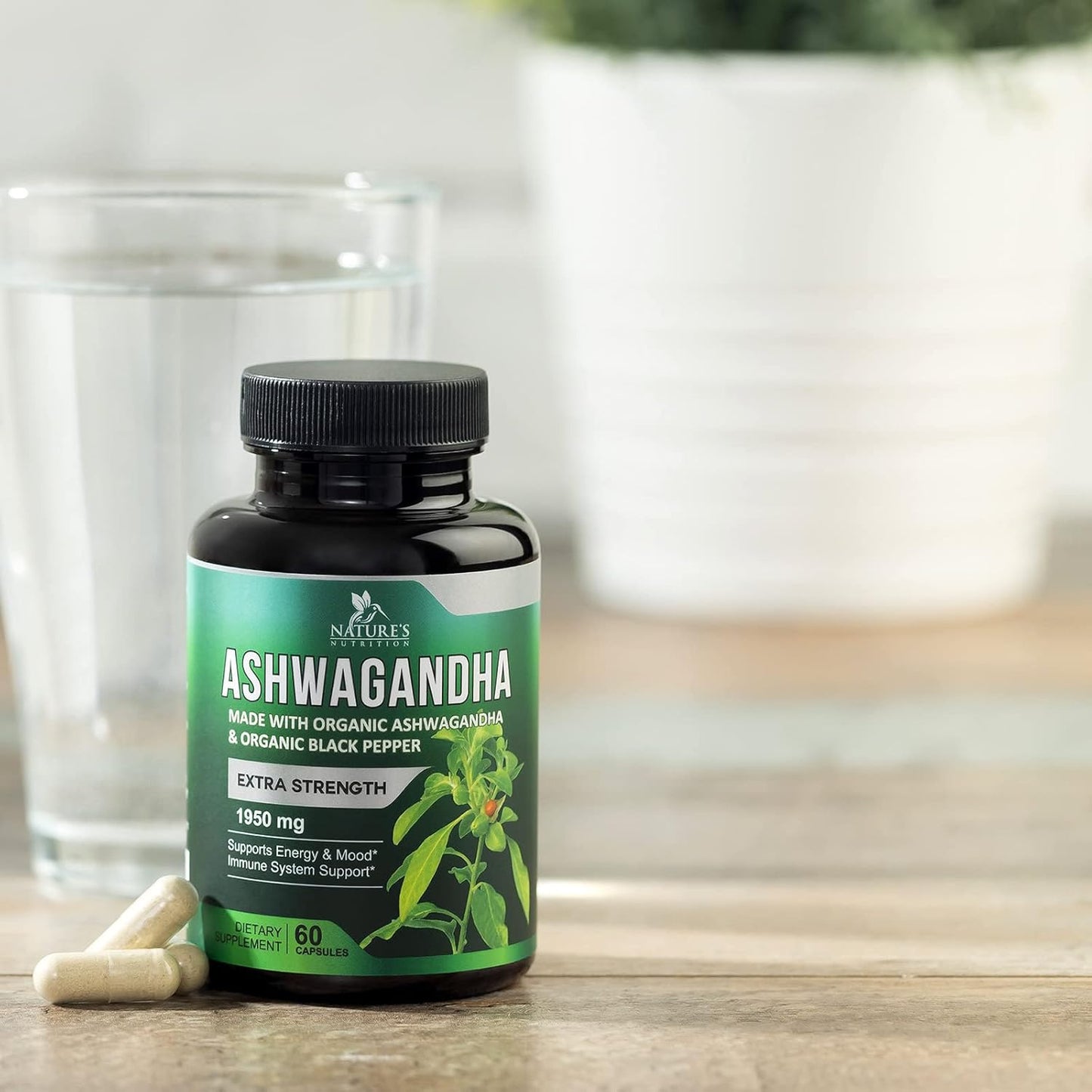 Organic Ashwagandha 1,950mg - Extra Strength Relax & Calm Support - Natural Energy & Focus Supplement - Non-GMO Vegan - 60 Capsules
