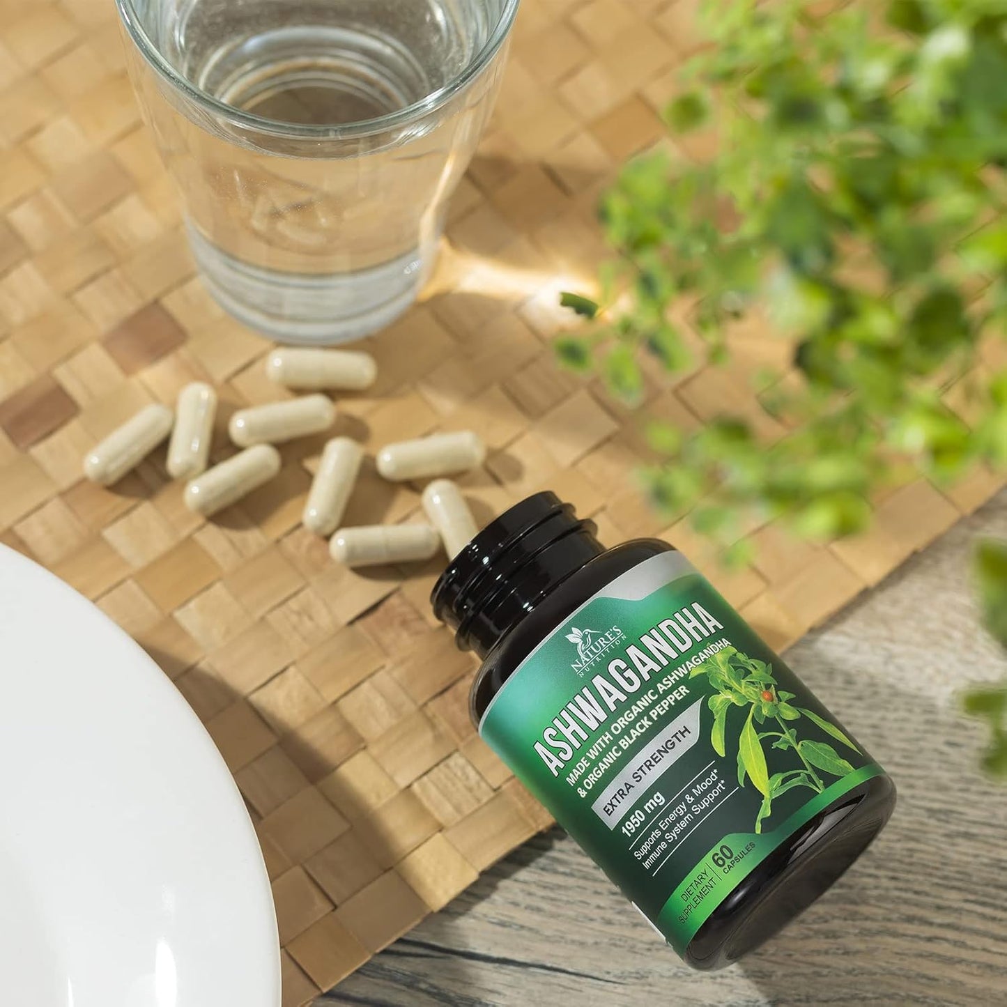 Organic Ashwagandha 1,950mg - Extra Strength Relax & Calm Support - Natural Energy & Focus Supplement - Non-GMO Vegan - 60 Capsules