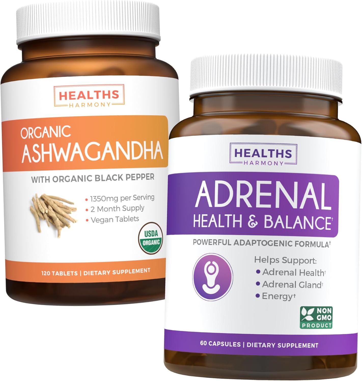 Organic Ashwagandha & Adrenal Support Bundle - Adrenal Harmony & Cortisol Manager - Non-GMO Ashwagandha Root Powder (120 Tablets)