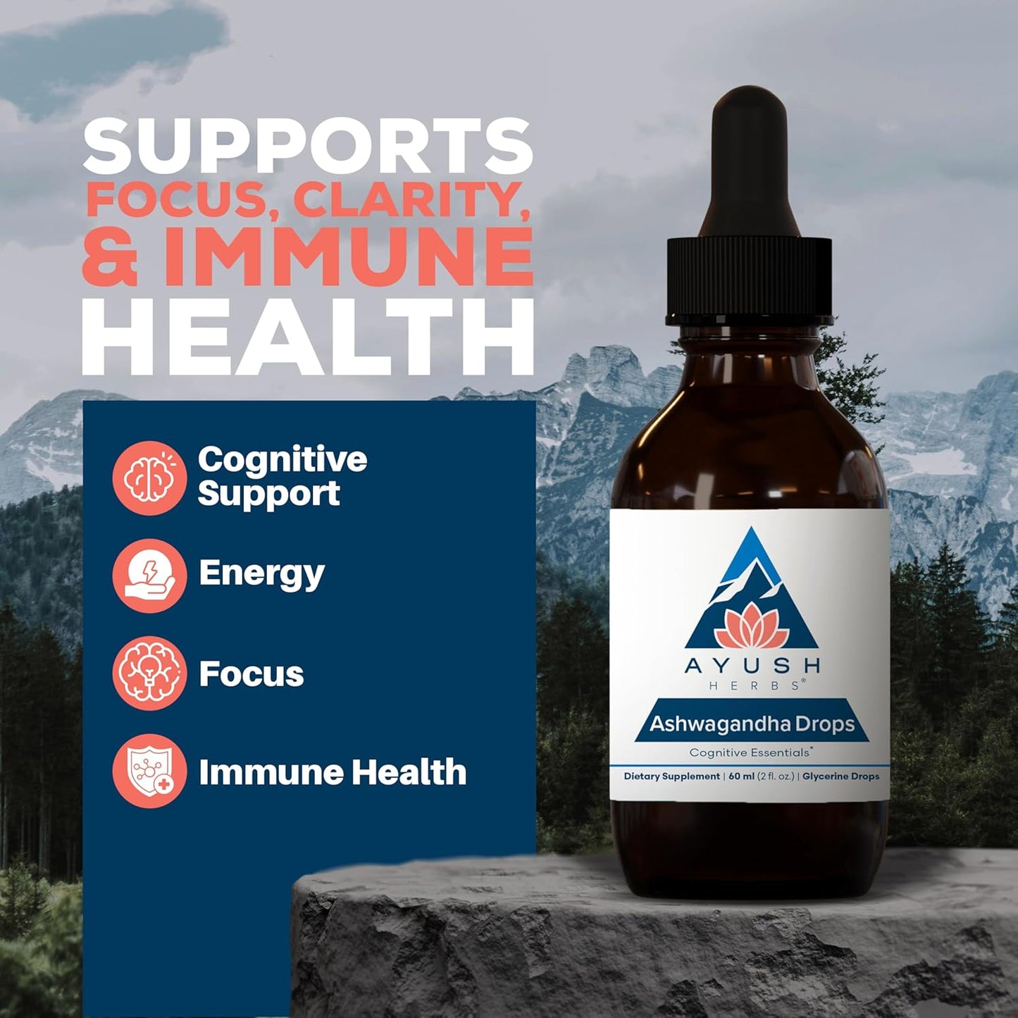 Organic Ashwagandha Alcohol-Free Drops - Lemon Flavored Supplement for Adults, Enhances Focus and Attention - 2 Fl Oz