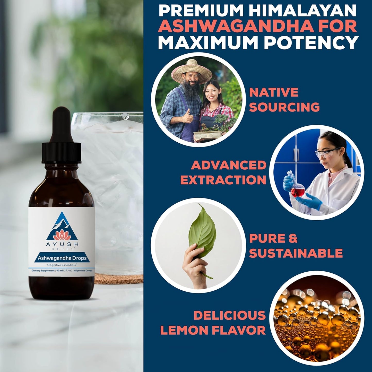 Organic Ashwagandha Alcohol-Free Drops - Lemon Flavored Supplement for Adults, Enhances Focus and Attention - 2 Fl Oz