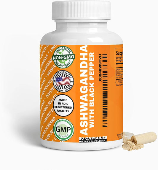 Organic Ashwagandha and Black Pepper Capsules - 1300mg & 10mg, 60 Count - Immunity & Mood Boost - Natural Formula