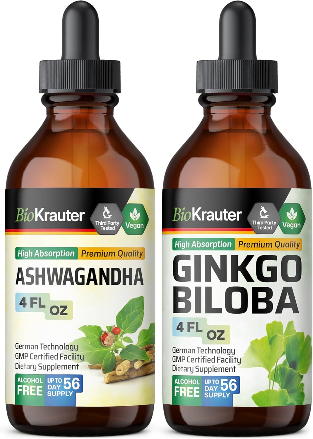 Organic Ashwagandha and Ginkgo Biloba Tinctures Bundle - 4 Fl. Oz. Each