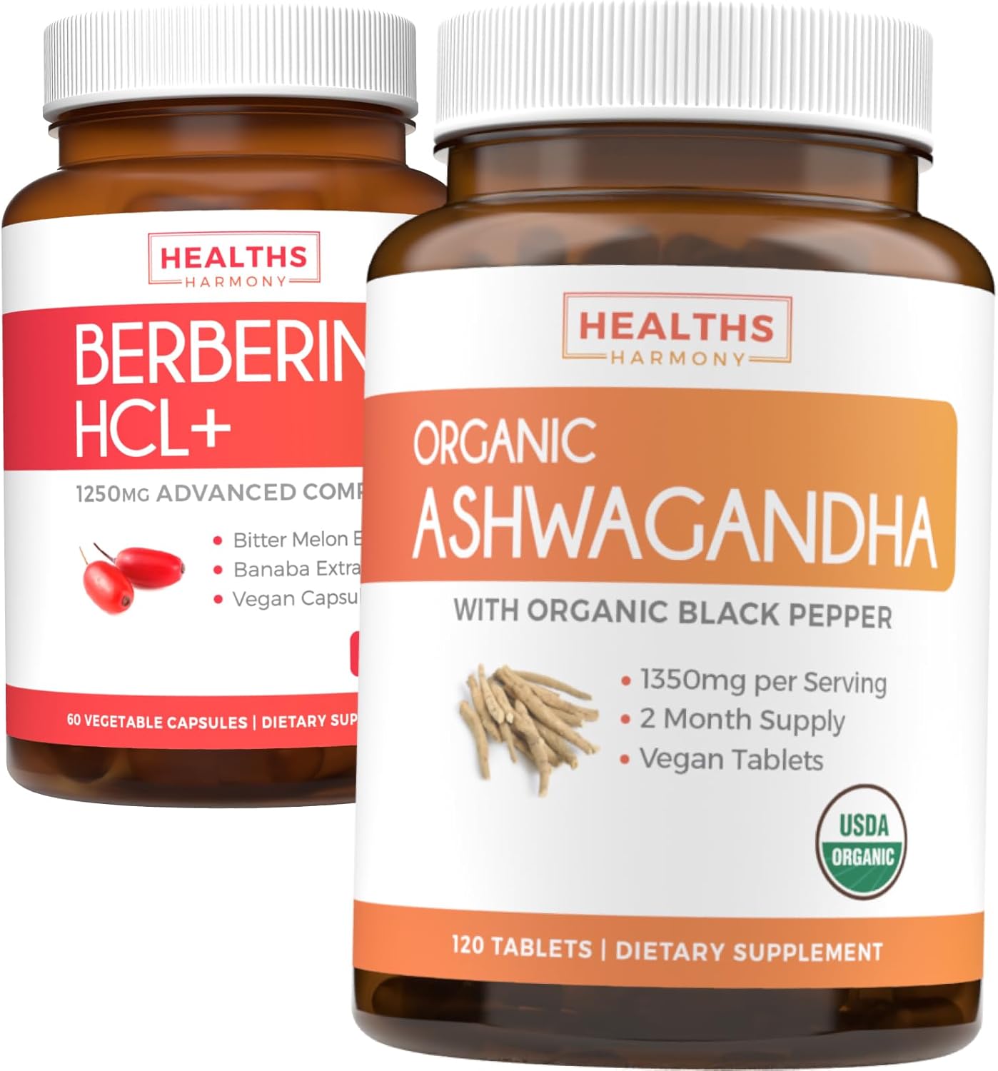 Organic Ashwagandha & Berberine HCL+ Bundle - Save $4 (11% Off) - Nature's Synergy Duo - Berberine 60 Capsules + Ashwagandha 1350mg Tablets for Natural Adrenal Support