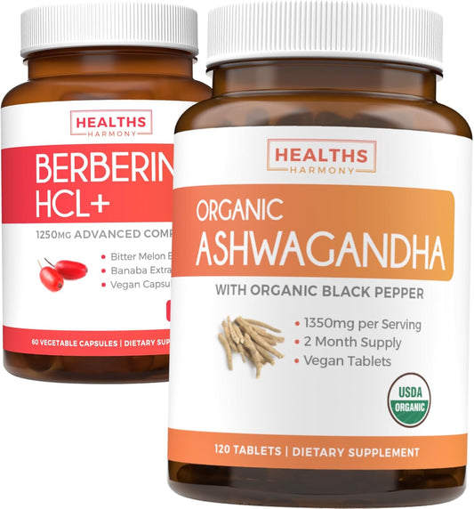 Organic Ashwagandha & Berberine HCL+ Bundle - Save $4 (11% Off) - Nature's Synergy Duo - Berberine 60 Capsules + Ashwagandha 1350mg Tablets for Natural Adrenal Support