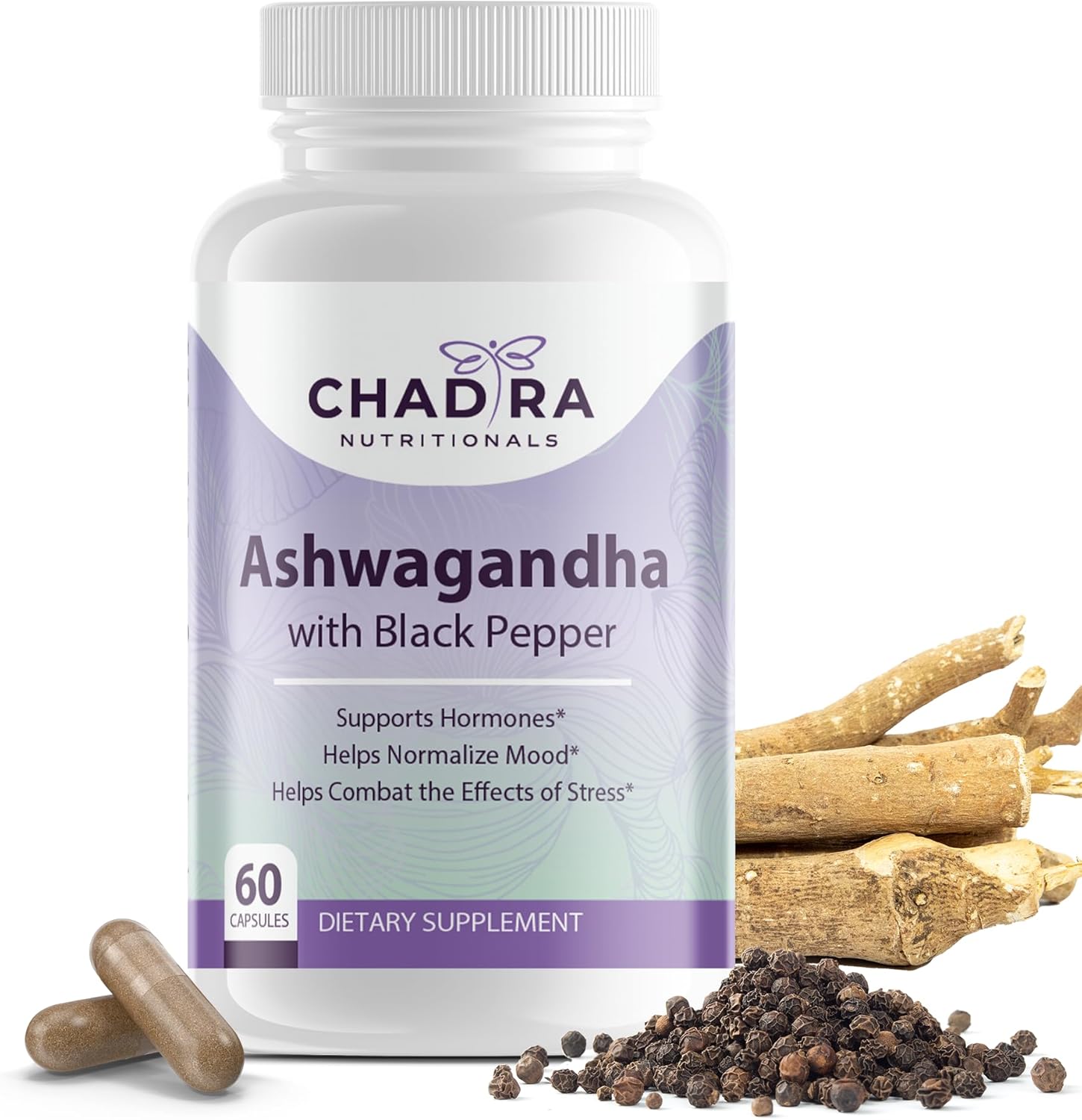 Organic Ashwagandha & Black Pepper Capsules for Stress, Cognitive Support & Mood - Non-GMO & Gluten-Free - 60 Count