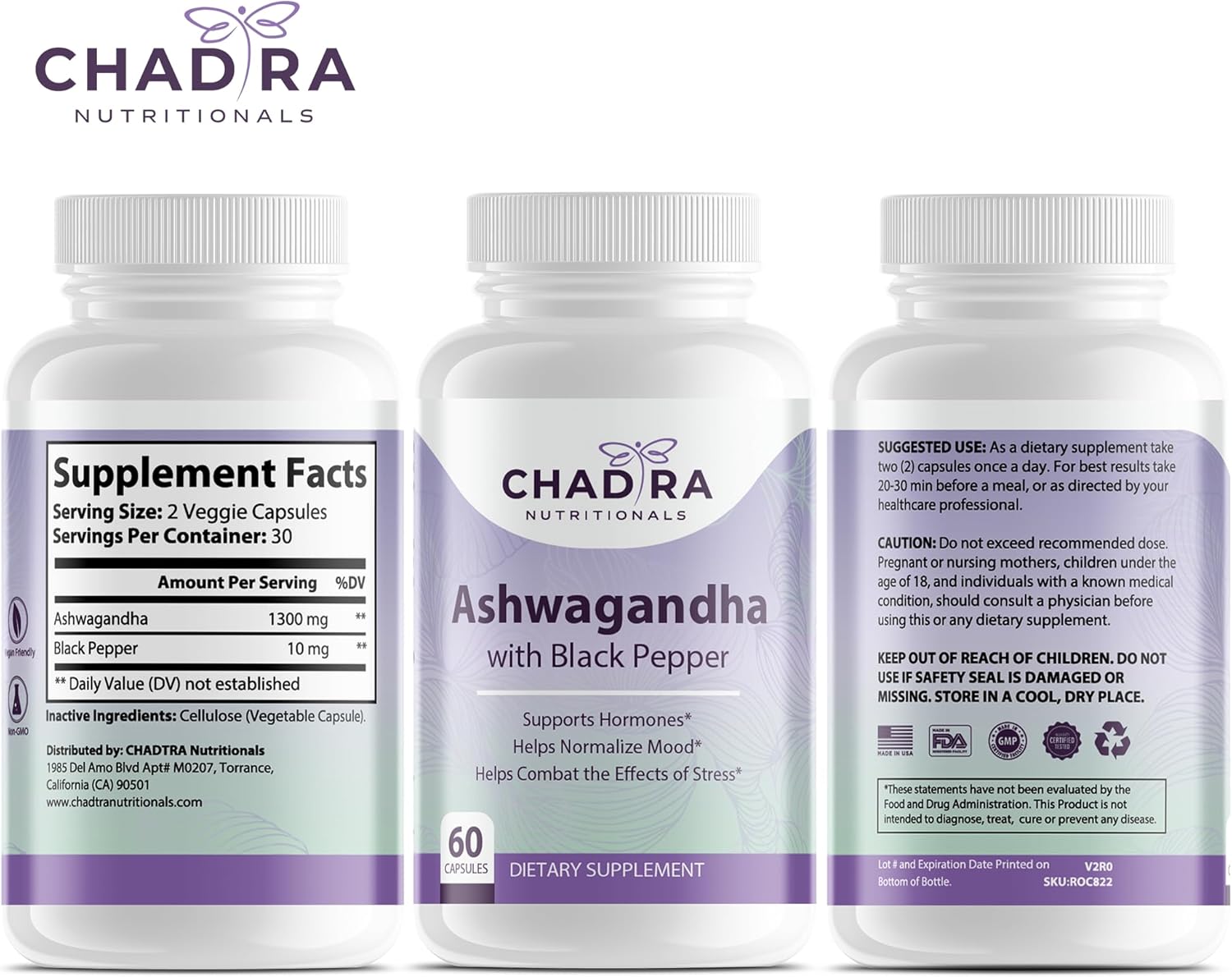 Organic Ashwagandha & Black Pepper Capsules for Stress, Cognitive Support & Mood - Non-GMO & Gluten-Free - 60 Count