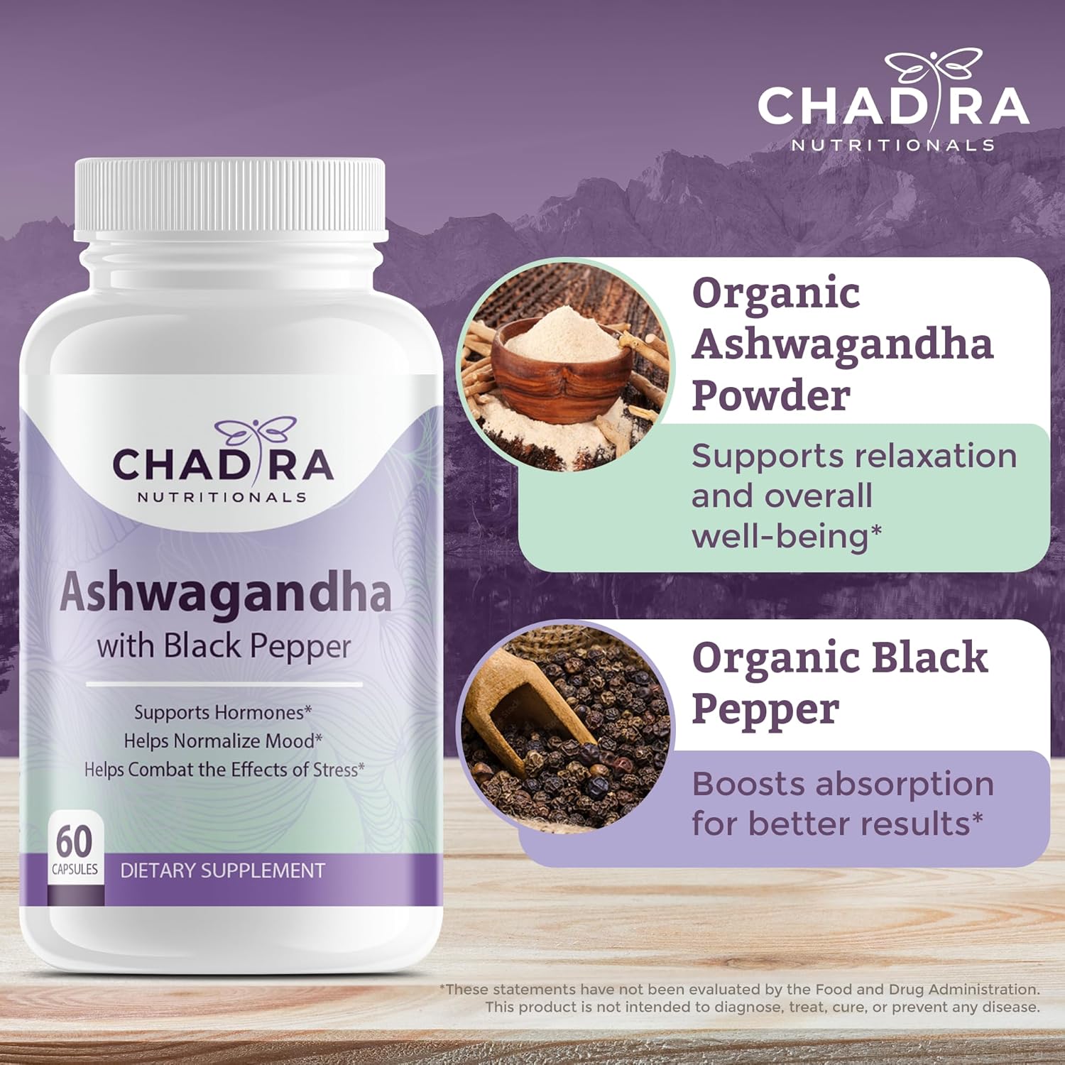 Organic Ashwagandha & Black Pepper Capsules for Stress, Cognitive Support & Mood - Non-GMO & Gluten-Free - 60 Count
