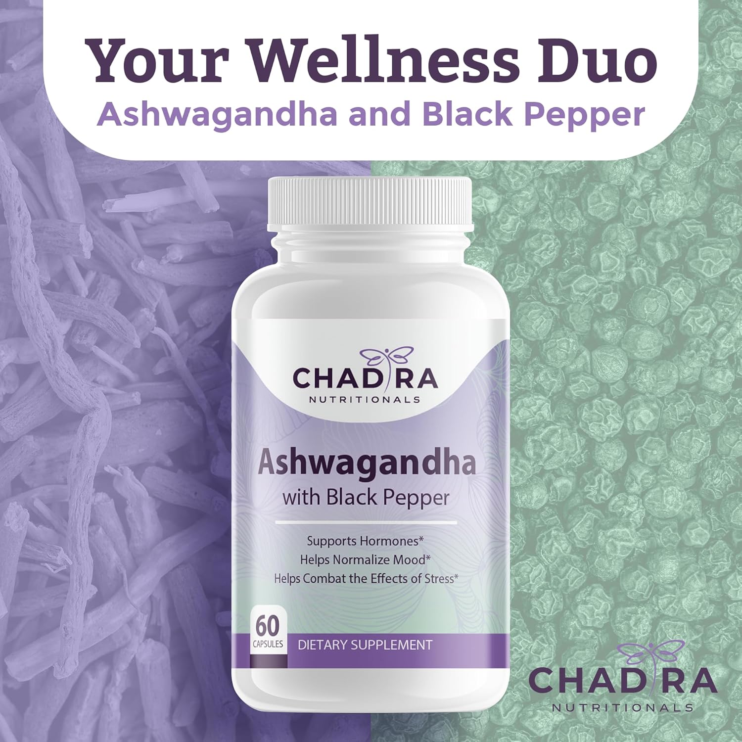 Organic Ashwagandha & Black Pepper Capsules for Stress, Cognitive Support & Mood - Non-GMO & Gluten-Free - 60 Count