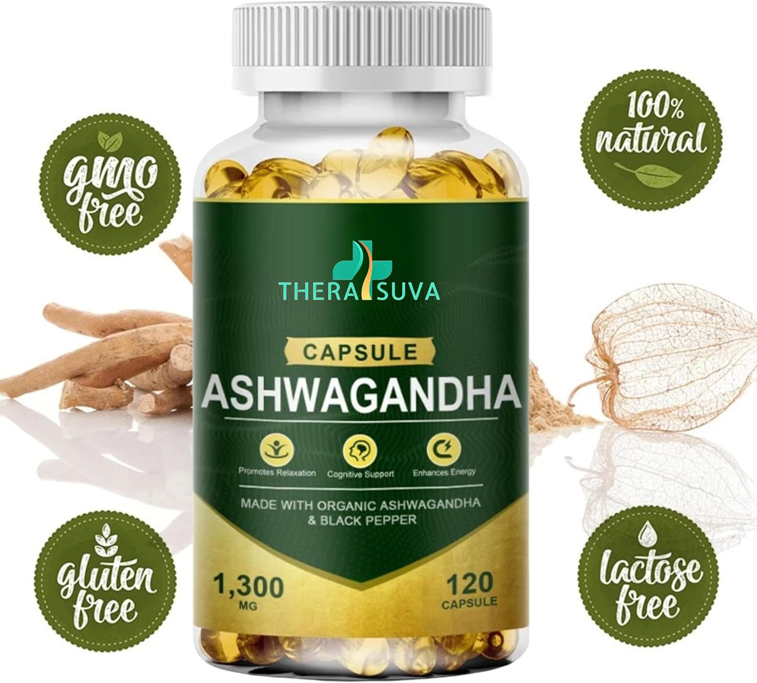 Organic Ashwagandha & Black Pepper Supplement for Stress Relief - High Potency 120 Softgels